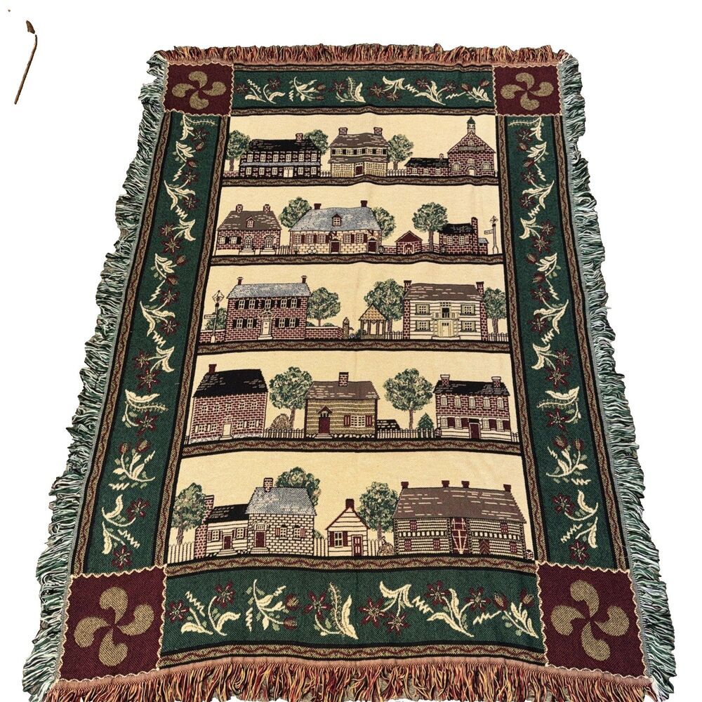 Vintage Bob Timberlake Throw Tapestry Blanket Houses Flowers Village Made in USA